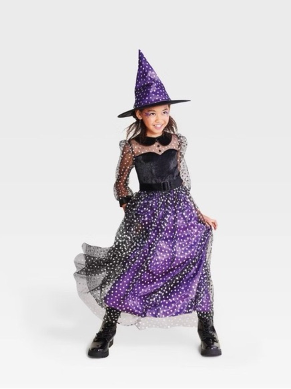 Girls Purple Sparkle Witch Costume with Hat - Kids Halloween